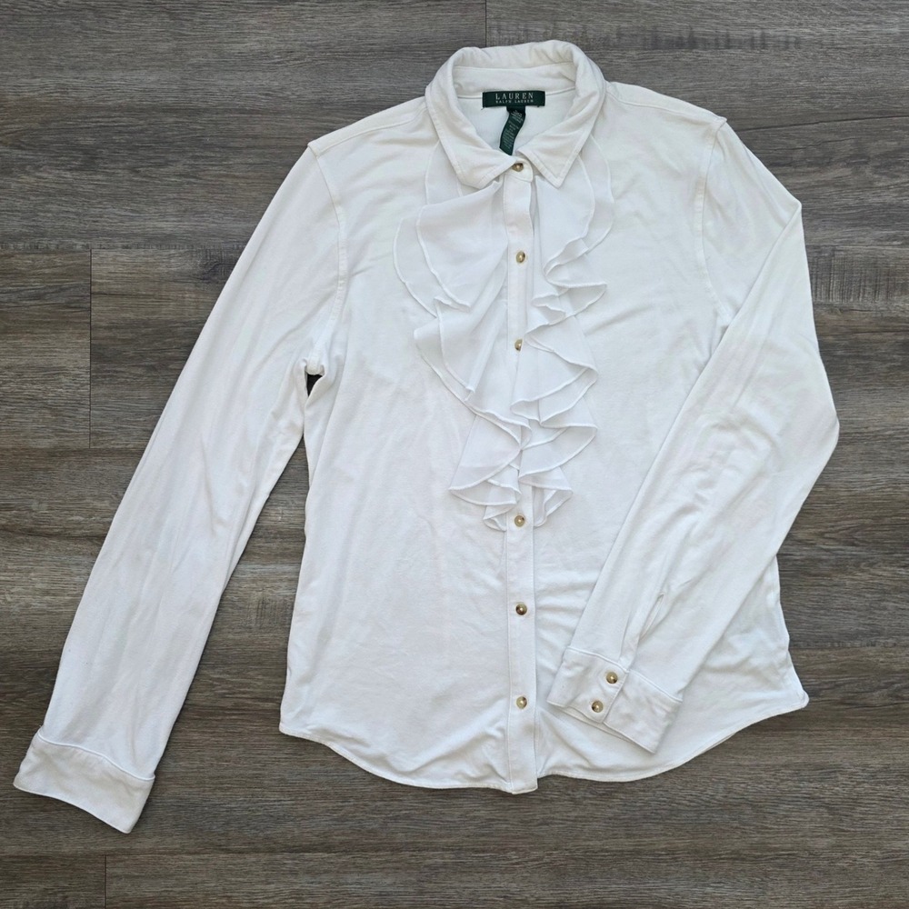 Lauren Ralph Lauren White Ruffle Blouse Women Large Preppy Stretch Top Excellent